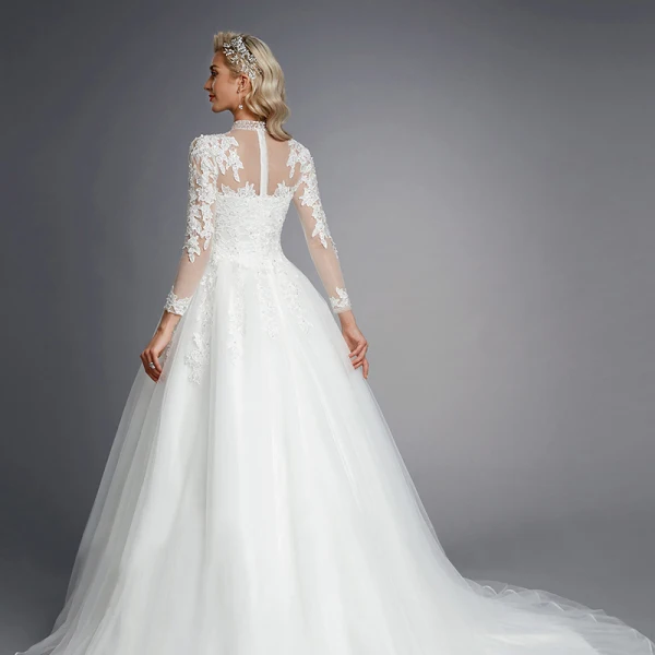 Luxury / Gorgeous White Wedding Dresses 2020 A-Line / Princess High Neck Long Sleeve 3D Lace Zipper Up Appliques Backless Beading Crystal Chapel Train Wedding