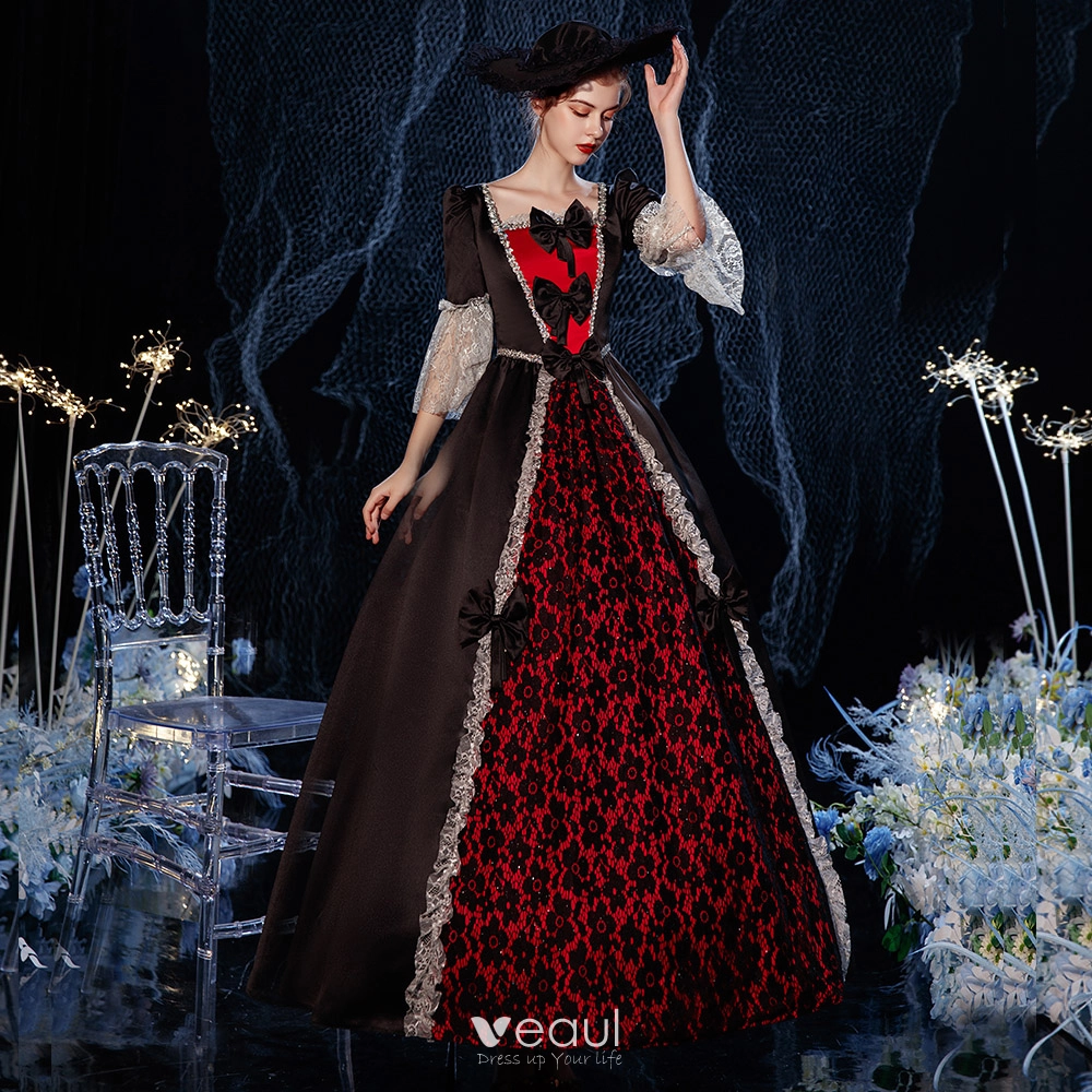 Vintage / Retro Medieval Gothic Black Red Ball Gown Prom Dresses 2021  Square Neckline Floor-Length / Long 1/2 Sleeves 3D Lace Sequins Cosplay  Prom Formal Dresses
