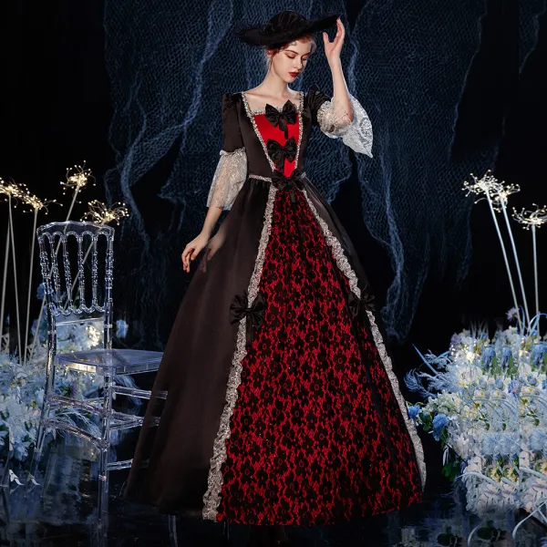 Vintage Średniowieczny Gotycka Czarne Czerwone Suknia Balowa Sukienki Na Bal 2021 Kwadratowy Dekolt Długie 1/2 Rękawy Koronki 3D Cekiny Cosplay Bal Sukienki Wizytowe