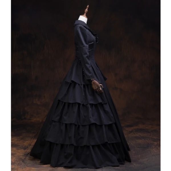 Vintage / Retro Medieval Gothic Black Ball Gown Prom Dresses 2021 Long Sleeve High Neck Floor-Length / Long Buttons Satin Solid Color Cosplay Prom Formal Dresses