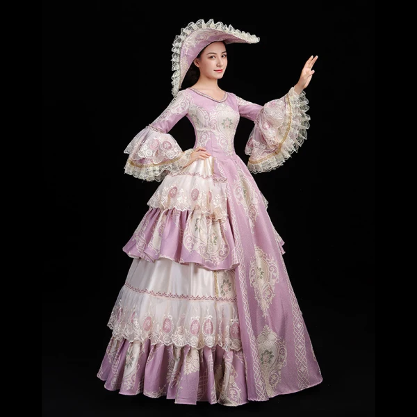Vintage / Retro Medieval Lavender Ball Gown Prom Dresses 2021 U-Neck Long Sleeve Floor-Length / Long Lace Appliques Embroidered Cosplay Prom Formal Dresses