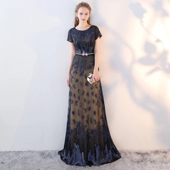 Chic Belle Bleu Marine Robe De Soirée 2017 Princesse U Cou Dentelle Brodé Paillettes Fait Main Soirée Robe De Ceremonie