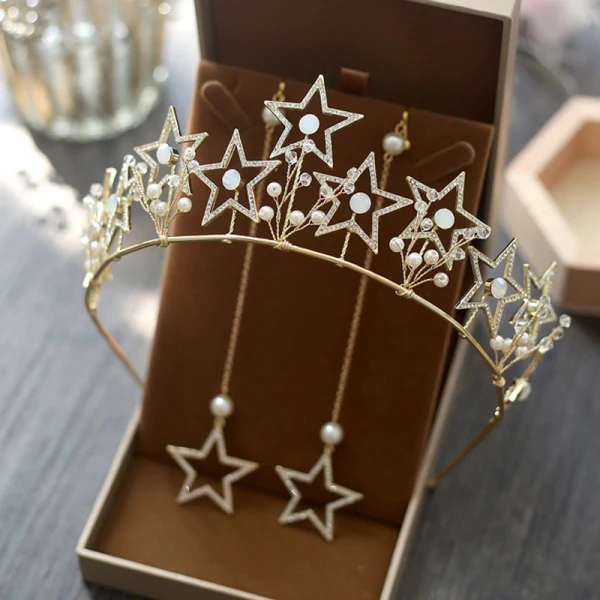 Chic / Beautiful Gold Bridal Jewelry 2017 Star Metal Beading Crystal Handmade Wedding Prom Accessories