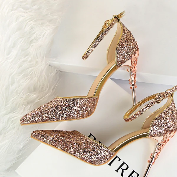 Sparkly Silver High Heels 2018 Cocktail Party Evening Party Prom 9 cm Heels Pointed Toe Ankle Strap Glitter Womens Shoes