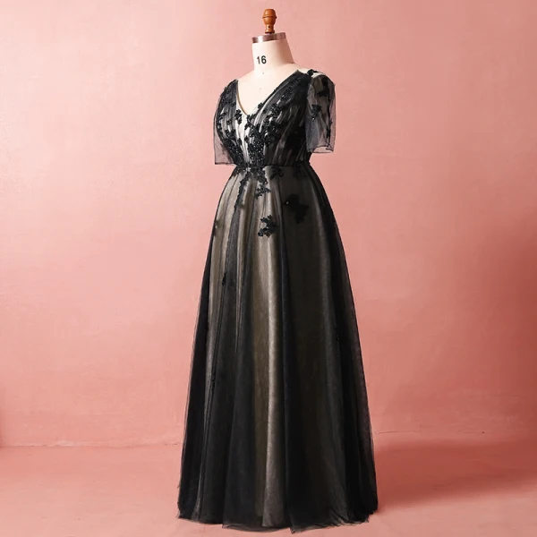 Chic / Belle Noire Grande Taille Robe De Soirée 2018 Princesse 1/2 Manches V-Cou Tulle En Dentelle Bretelles croisées Appliques Dos Nu Perlage Été Soirée Robe De Ceremonie