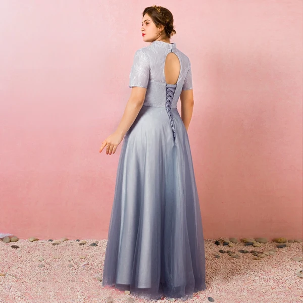 Chinese style Sky Blue Plus Size Prom Dresses 2018 A-Line / Princess Lace-up Tulle High Neck Appliques Backless Evening Party Prom Evening Dresses