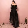 Chic / Beautiful Black Plus Size Cocktail Dresses 2018 1/2 Sleeves A-Line / Princess Lace-up V-Neck Tulle Appliques Backless Cocktail Party Formal Dresses