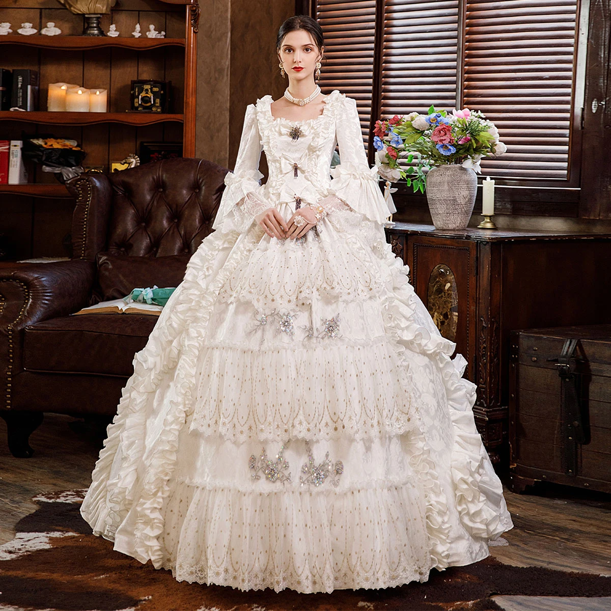 Vintage Retro Medieval Elegant Ivory Prom Dresses 2021 3D Lace Beading Pearl Sequins