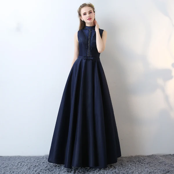 Elegante Marineblau Abendkleider 2017 Ärmellos Rückenfreies Perle Riemchen Charmeuse Festliche Kleider