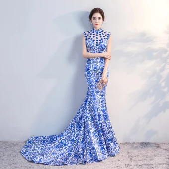 Chinese Style Royal Blue Chapel Train Evening Dresses 2018 Trumpet Mermaid High Neck Appliques Backless Printing Charmeuse Evening Party Formal Dresses