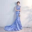 Chinese style Royal Blue Chapel Train Evening Dresses  2018 Trumpet / Mermaid High Neck Appliques Backless Printing Charmeuse Evening Party Formal Dresses