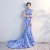 Chinese style Royal Blue Chapel Train Evening Dresses  2018 Trumpet / Mermaid High Neck Appliques Backless Printing Charmeuse Evening Party Formal Dresses