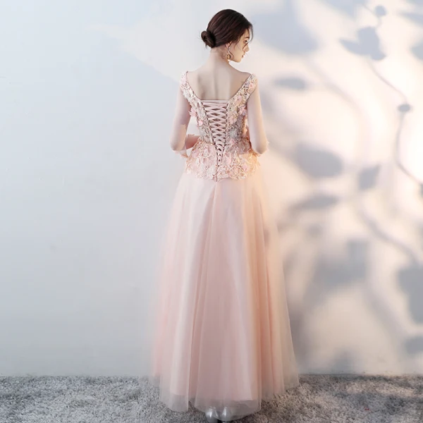 Amazing / Unique Blushing Pink Floor-Length / Long Evening Dresses 2018 A-Line / Princess Tulle Lace-up U-Neck Appliques Backless Beading Formal Dresses
