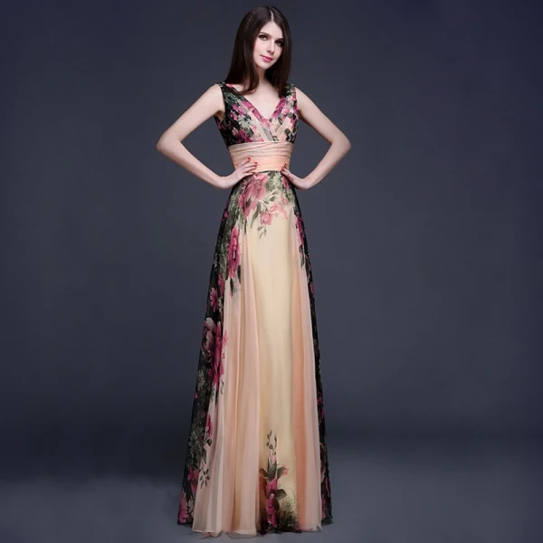 Flower Fairy Champagne Floor-Length / Long Maxi Dresses 2018 A-Line / Princess V-Neck Sleeveless Chiffon Backless Printing Beach Summer Womens Clothing