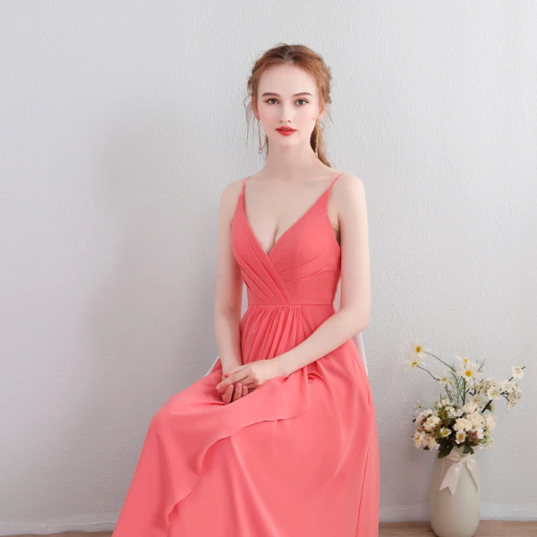 Amazing / Unique Floor-Length / Long Watermelon Formal Dresses 2018 V-Neck A-Line / Princess Chiffon Lace-up Appliques Backless Evening Party Evening Dresses