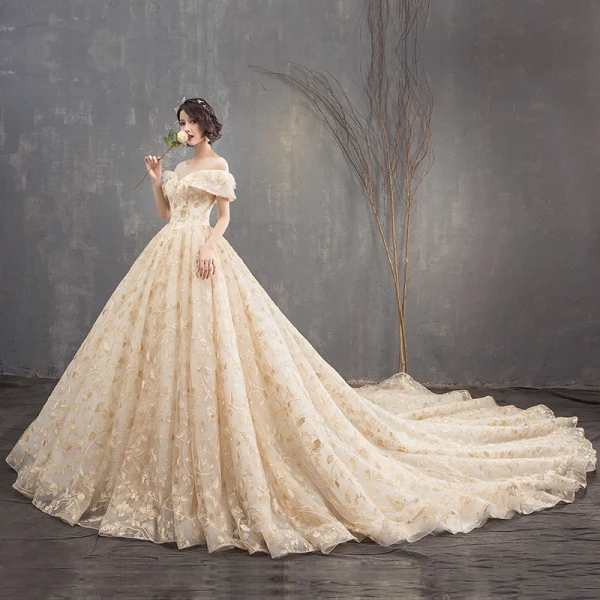 Luxury / Gorgeous Champagne Ball Gown Wedding Dresses 2019 U-Neck Lace Tulle Backless Beading Embroidered Cathedral Train Church Wedding