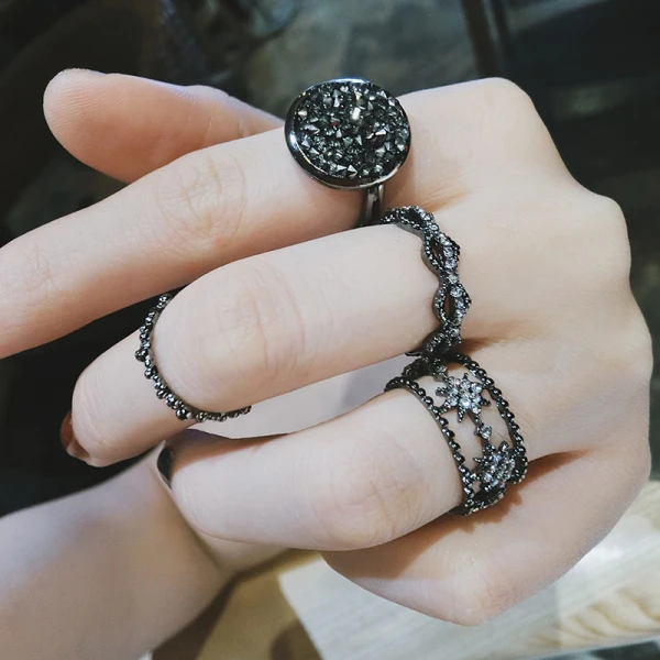 Modern Zwarte Rhinestone Star Ringen instellen Rave Club 4 stuks Ringen 2019 Accessoires