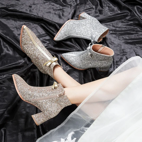 Scintillantes Bling Bling Doré Mariage Bottes 2020 Glitter Paillettes Polyester Bottines À Bout Pointu 6 cm Chaussure De Mariée