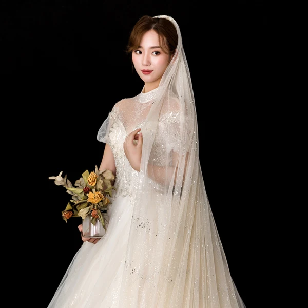 Amazing / Unique Champagne Glitter Wedding Veils 2020 Tulle Sequins 3 m Chapel Train Wedding Accessories