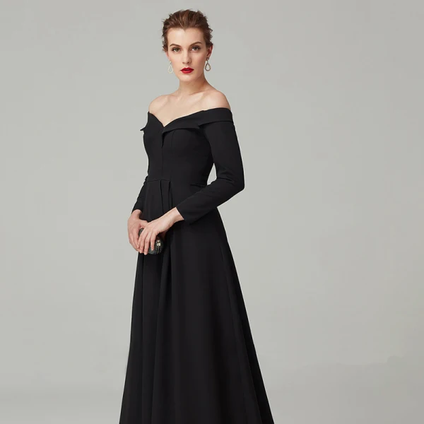 Schlicht Empire Schwarz Abendkleider 2020 Lange Ärmel Off Shoulder Satin Rückenfreies Sweep / Pinsel Zug Abend Festliche Kleider
