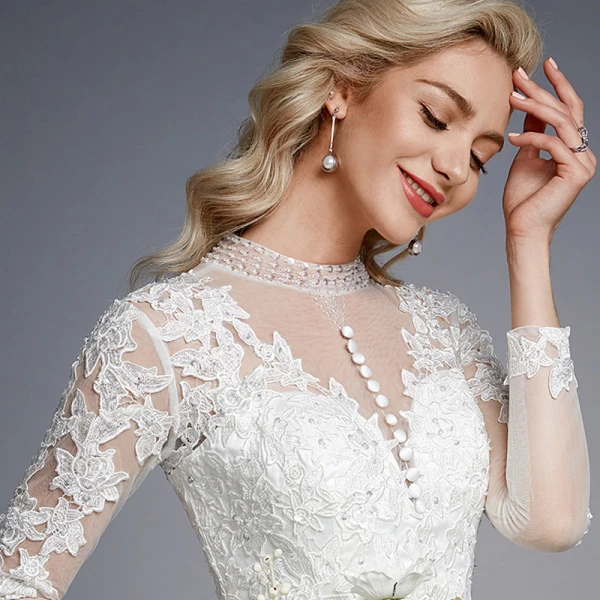 Luxury / Gorgeous White Wedding Dresses 2020 A-Line / Princess High Neck Long Sleeve 3D Lace Zipper Up Appliques Backless Beading Crystal Chapel Train Wedding