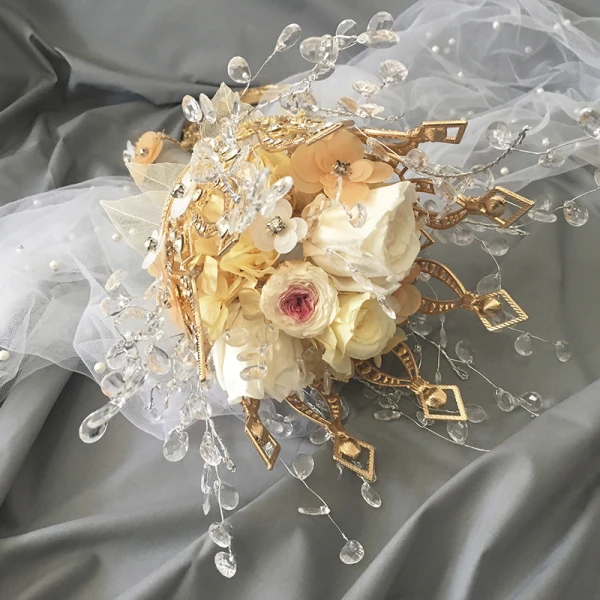 Luxury / Gorgeous Champagne Wedding Flowers 2020 Handmade Beading Crystal Flower Rhinestone Bridal Wedding Prom Accessories