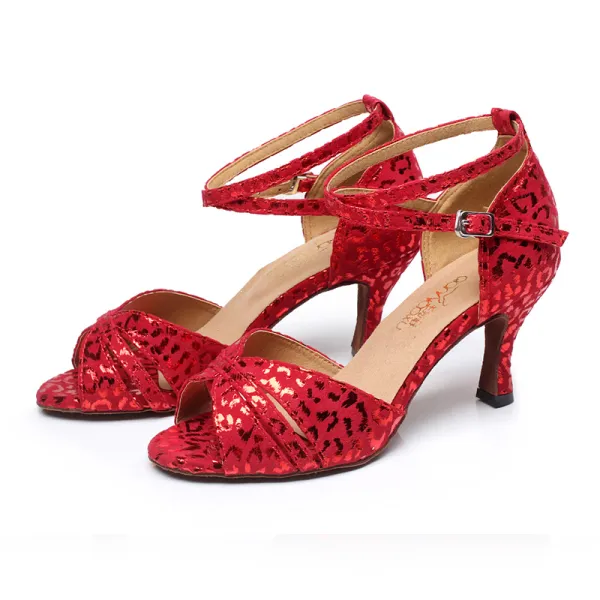 Glamorous Red Latin Dance Shoes 2020 Summer Suede Velour Glitter Dancing Prom Sandals Open / Peep Toe Womens Shoes