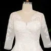 Vintage / Retro Ivory Plus Size Ball Gown Wedding Dresses 2021 U-Neck 3D Lace Tulle Satin Long Sleeve Handmade  Appliques Backless Chapel Train Wedding