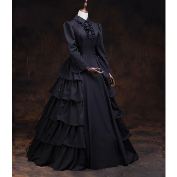 Vintage / Retro Medieval Gothic Black Ball Gown Prom Dresses 2021 Long Sleeve High Neck Floor-Length / Long Buttons Satin Solid Color Cosplay Prom Formal Dresses