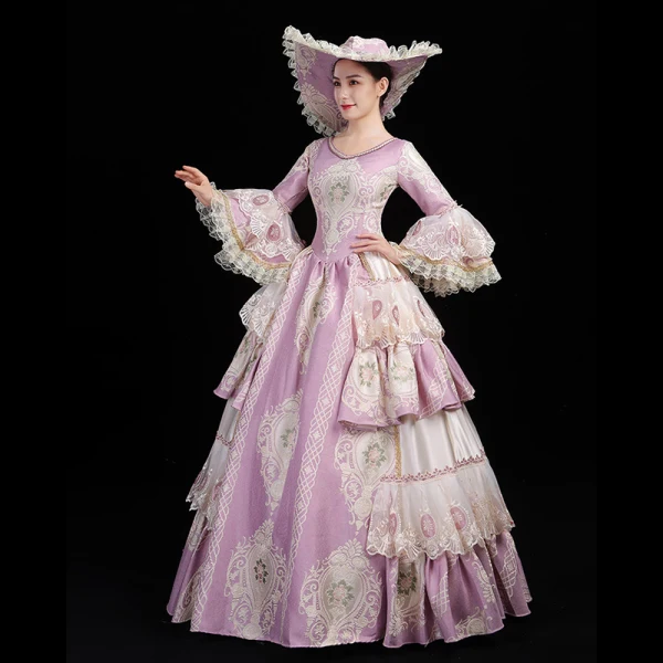 Vintage / Retro Medieval Lavender Ball Gown Prom Dresses 2021 U-Neck Long Sleeve Floor-Length / Long Lace Appliques Embroidered Cosplay Prom Formal Dresses