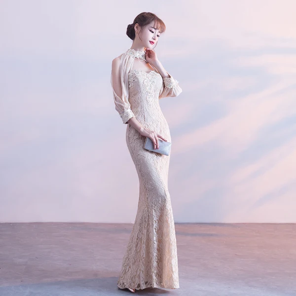Chic / Beautiful Champagne Evening Dresses 2017 Trumpet / Mermaid Lace Strapless Appliques Beading Rhinestone Evening Party Formal Dresses