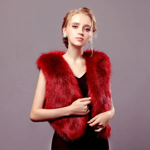 Burgundy Winter Faux Fur Evening Party Wedding Prom Coats / Jackets 2017