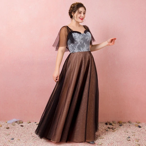 Classic Elegant Black Plus Size Evening Dresses 2018 Summer Tulle Lace-up V-Neck A-Line