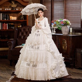 Vintage Retro Medieval Elegant Ivory Prom Dresses 2021 3d Lace Beading Pearl Sequins Floor Length Long U Neck Cosplay Bridal Dancing Winter Long Sleeve Evening Dresses