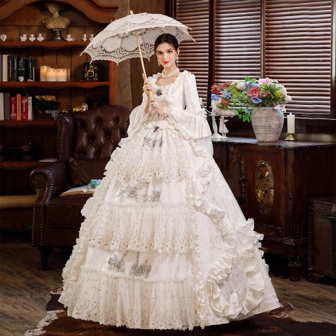 Vintage Medieval Elegantes Marfil Vestidos de gala 2021 Encaje 3D Rebordear Perla Lentejuelas Largos U-escote Cosplay Boda Bailando Invierno Manga Larga Vestidos de noche