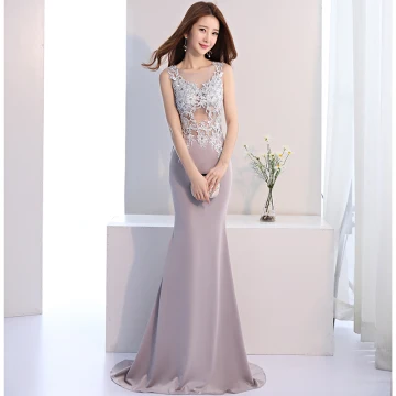 Classique Élégant Gris Robe De Soirée 2017 Trompette Sirène Dentelle U Cou Paillettes Perlage Dos Nu Soirée Robe De Ceremonie