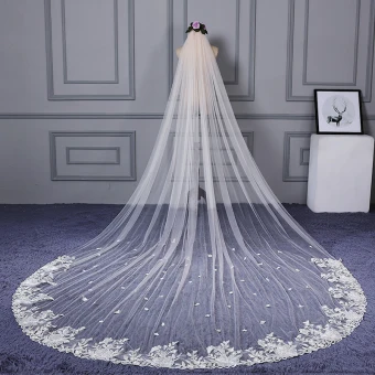 Classic Elegant White Cathedral Train Wedding Tulle Lace Appliques Wedding Veils 2018