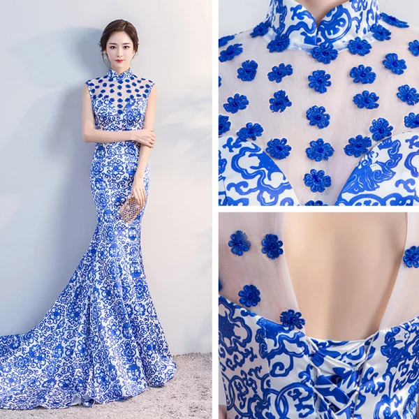 Chinese style Royal Blue Chapel Train Evening Dresses 2018 Trumpet / Mermaid High Neck Appliques Backless Printing Charmeuse Evening Party Formal Dresses