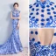 Chinese style Royal Blue Chapel Train Evening Dresses  2018 Trumpet / Mermaid High Neck Appliques Backless Printing Charmeuse Evening Party Formal Dresses