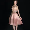 Flower Fairy Pearl Pink Short Graduation Dresses 2018 A-Line / Princess U-Neck Tulle Appliques Backless Beading Rhinestone Homecoming Formal Dresses