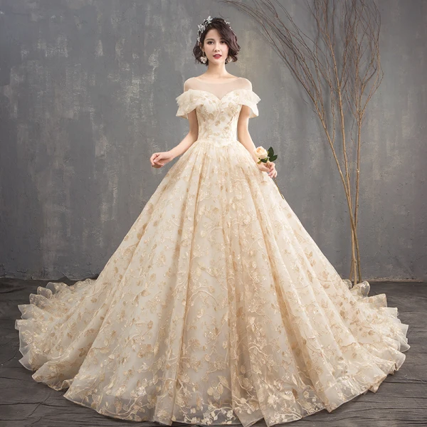 Luxury / Gorgeous Champagne Ball Gown Wedding Dresses 2019 U-Neck Lace Tulle Backless Beading Embroidered Cathedral Train Church Wedding