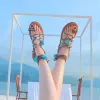 Mode Böhmen Braun Sandalen Damen Strand Leder Sommer Perlenstickerei Riemchen Quaste Flache Sandaletten Damenschuhe 2019