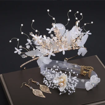 Romantic Lovely White Earrings Headpieces 2019 3 Piece Butterfly Leaf Pearl Rhinestone Handmade Wedding Prom Accessories