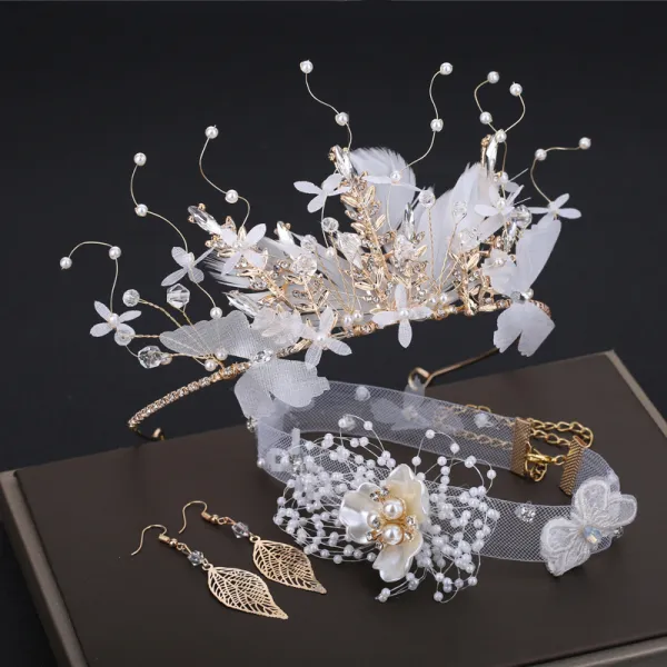 Romantisch Heerlijk Witte Oorbellen Haaraccessoires 2019 3 stuks Vlinder Blad Parel Rhinestone Handgemaakt Huwelijk Gala Accessoires