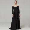 Modest / Simple Empire Black Evening Dresses  2020 Long Sleeve Off-The-Shoulder Satin Backless Sweep Train Evening Party Formal Dresses