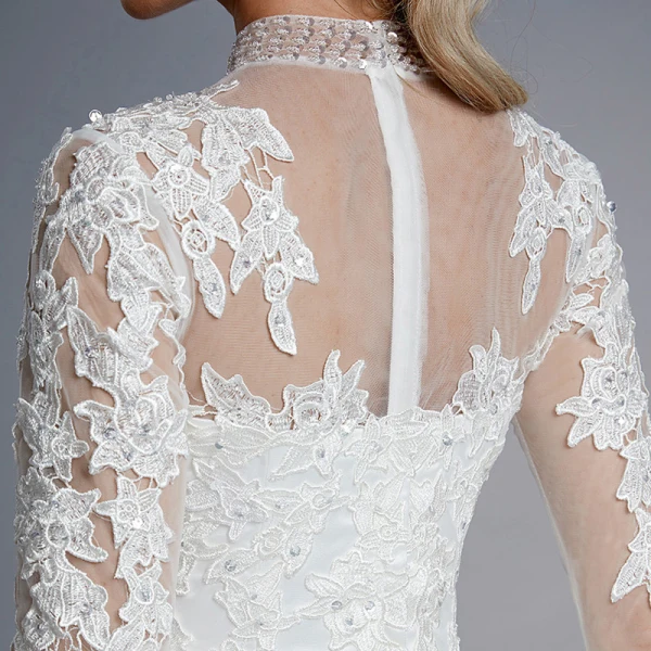 Luxury / Gorgeous White Wedding Dresses 2020 A-Line / Princess High Neck Long Sleeve 3D Lace Zipper Up Appliques Backless Beading Crystal Chapel Train Wedding