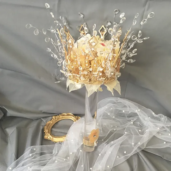 Luksus Champagne Brudebukett 2020 Håndlaget Beading Krystall Blomst Rhinestone Bryllups Bryllup Ball Tilbehør