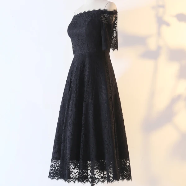 Sexy Stunning Black Evening Dresses 2020 A-Line / Princess 1/2 Sleeves Handmade Solid Color Tea-length Evening Party Outdoor / Garden Summer Formal Dresses