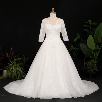 Vintage Originale Ivoire Grande Taille Robe Boule Robe De Mariée 2021 U Cou Dentelle 3d Tulle Satin Manches Longues Fait Main Appliques Dos Nu Chapel Train Mariage