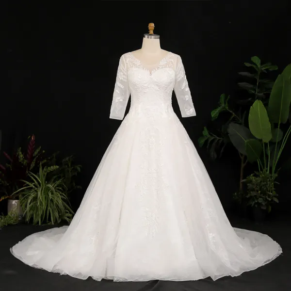 Long Sleeve A Line Satin Wedding Gown with Train Lace Appliques